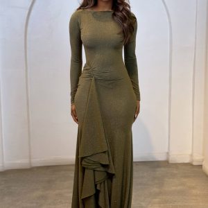 Ruched Asymmetric Neck Elegant Maxi Dress