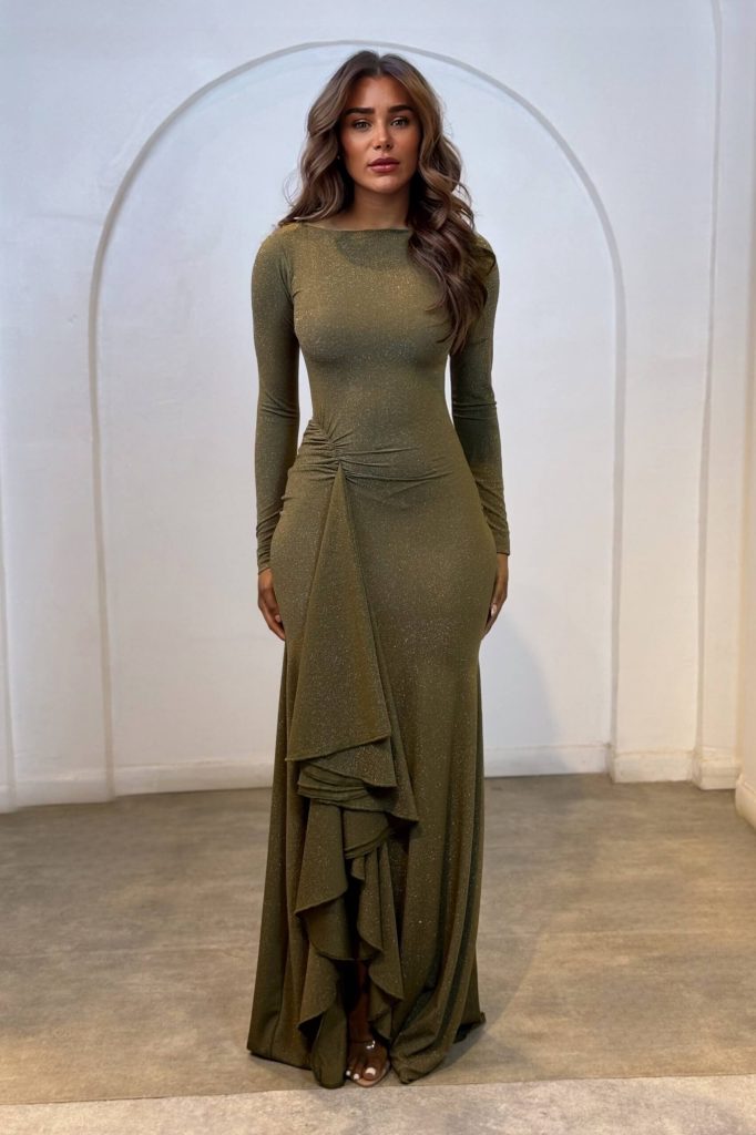 Ruched Asymmetric Neck Elegant Maxi Dress