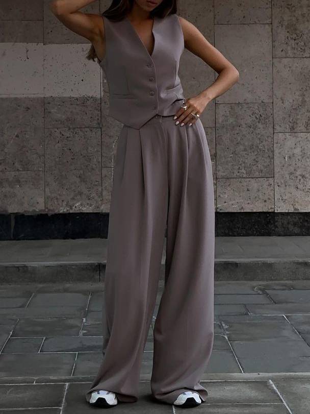 V-Neck Wide-Leg Casual Two-Piece Set