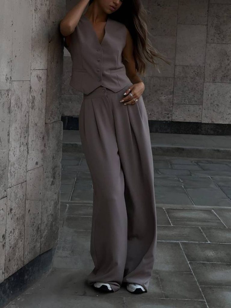 V-Neck Wide-Leg Casual Two-Piece Set